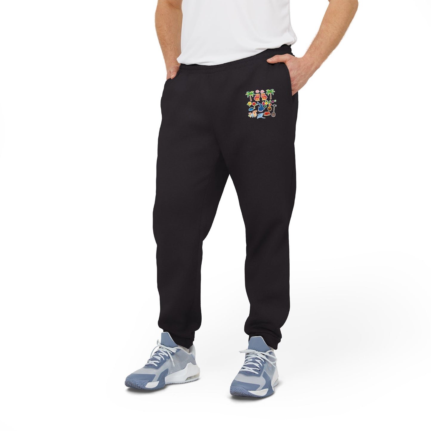 Adidas Joggers — Charcoal Fleece Sweatpants with Colorful Patch Logo