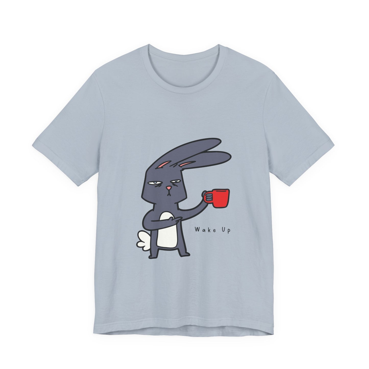 Wake Up Bunny Red Coffee Mug Unisex Tee, Rabbit Lover Gift Shirt, Cute Animal Graphic T-shirt, Funny Bunny Print Apparel, Easter Tee for