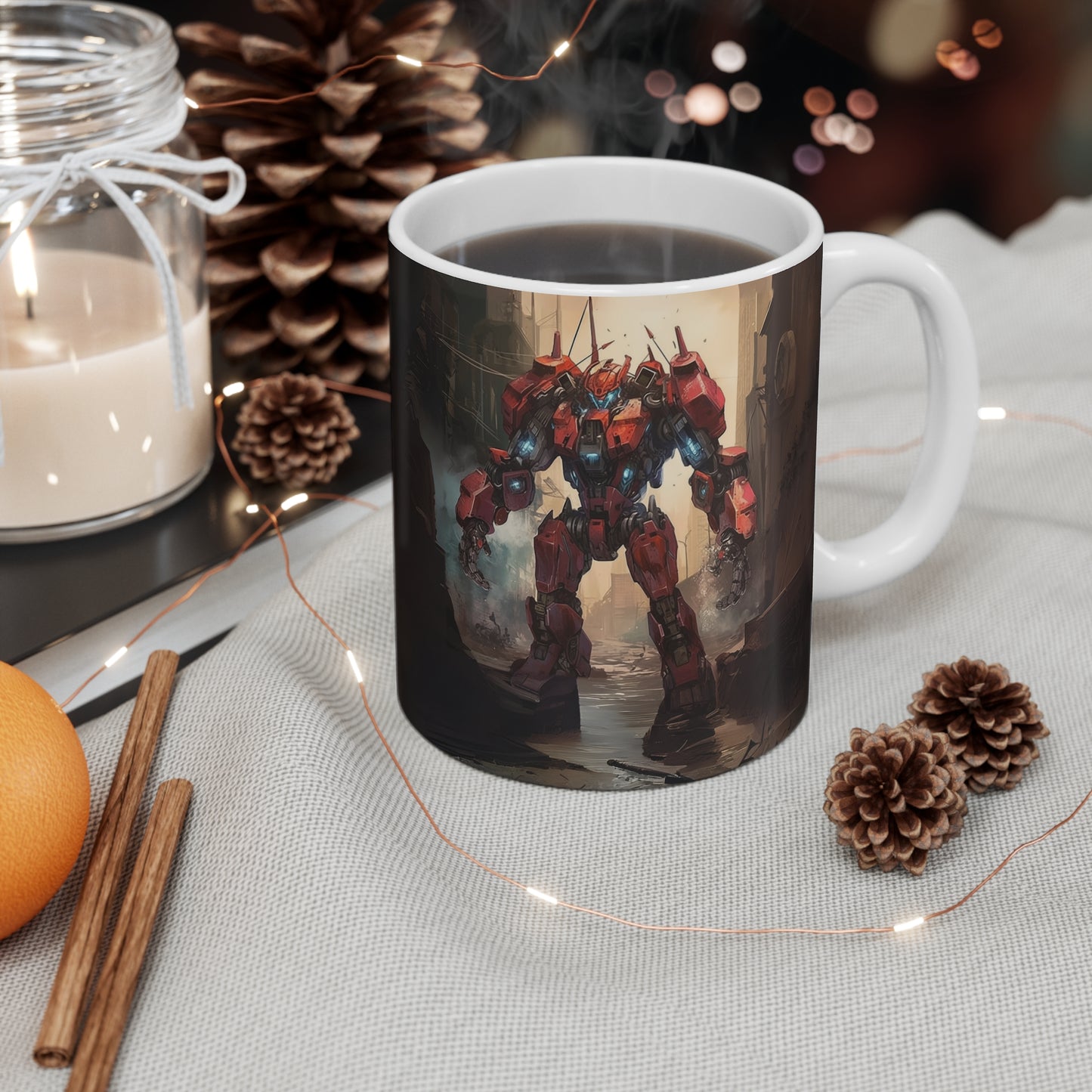Red Mecha Mug 11oz, Robot Coffee Cup, Unique Tea Mug, Mechanical Design, Gift for Sci-Fi Fans, Kitchen Decor