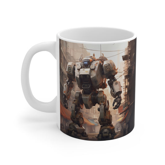 White Mecha Mug 11oz, Robot Coffee Cup, Sci-Fi Tea Mug, Mechanical Drinkware, Robot Lover Gift
