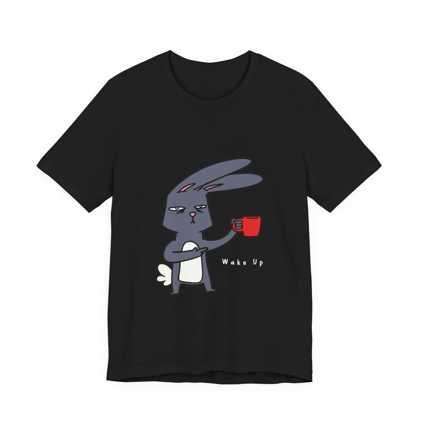 Wake Up Bunny Red Coffee Mug Unisex Tee, Rabbit Lover Gift Shirt, Cute Animal Graphic T-shirt, Funny Bunny Print Apparel, Easter Tee for