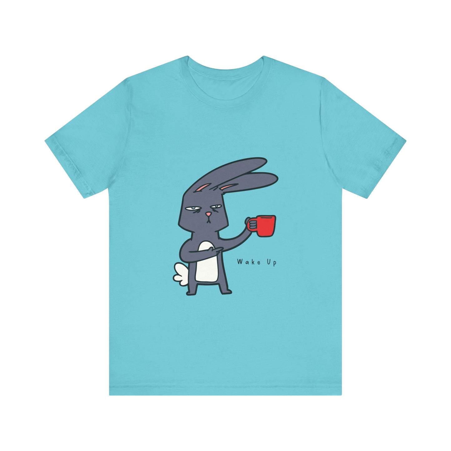 Wake Up Bunny Red Coffee Mug Unisex Tee, Rabbit Lover Gift Shirt, Cute Animal Graphic T-shirt, Funny Bunny Print Apparel, Easter Tee for