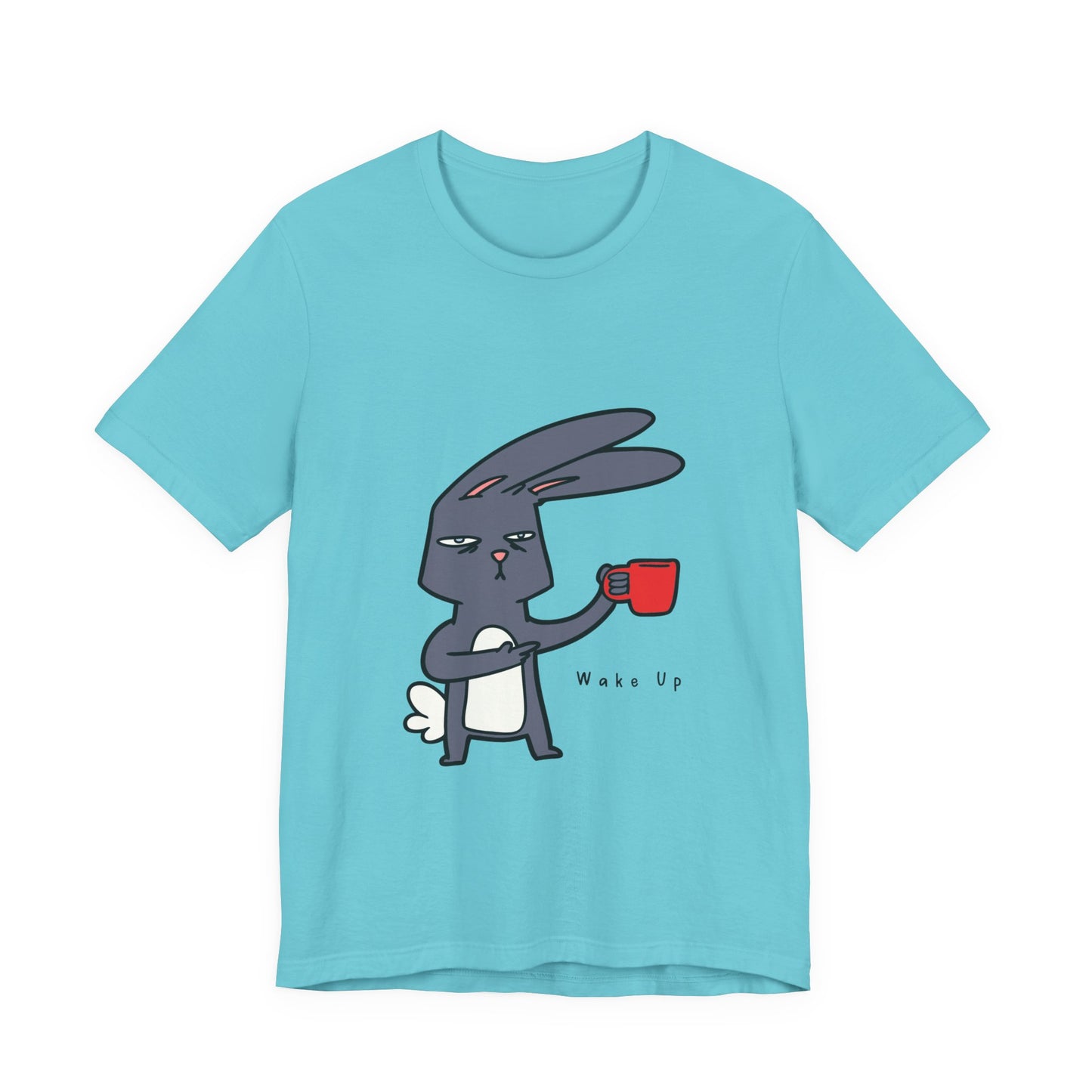 Wake Up Bunny Red Coffee Mug Unisex Tee, Rabbit Lover Gift Shirt, Cute Animal Graphic T-shirt, Funny Bunny Print Apparel, Easter Tee for