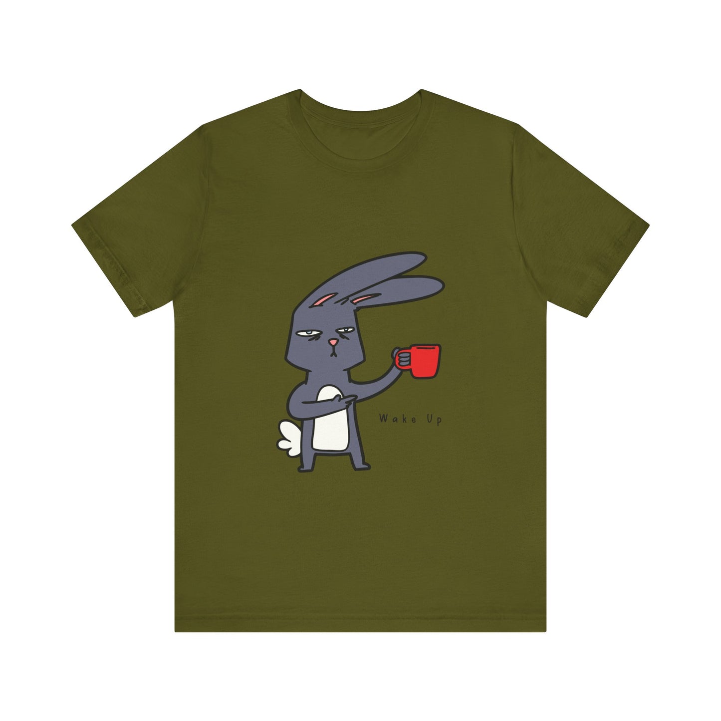 Wake Up Bunny Red Coffee Mug Unisex Tee, Rabbit Lover Gift Shirt, Cute Animal Graphic T-shirt, Funny Bunny Print Apparel, Easter Tee for