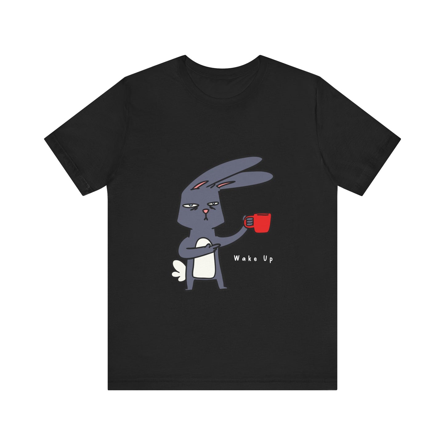 Wake Up Bunny Red Coffee Mug Unisex Tee, Rabbit Lover Gift Shirt, Cute Animal Graphic T-shirt, Funny Bunny Print Apparel, Easter Tee for