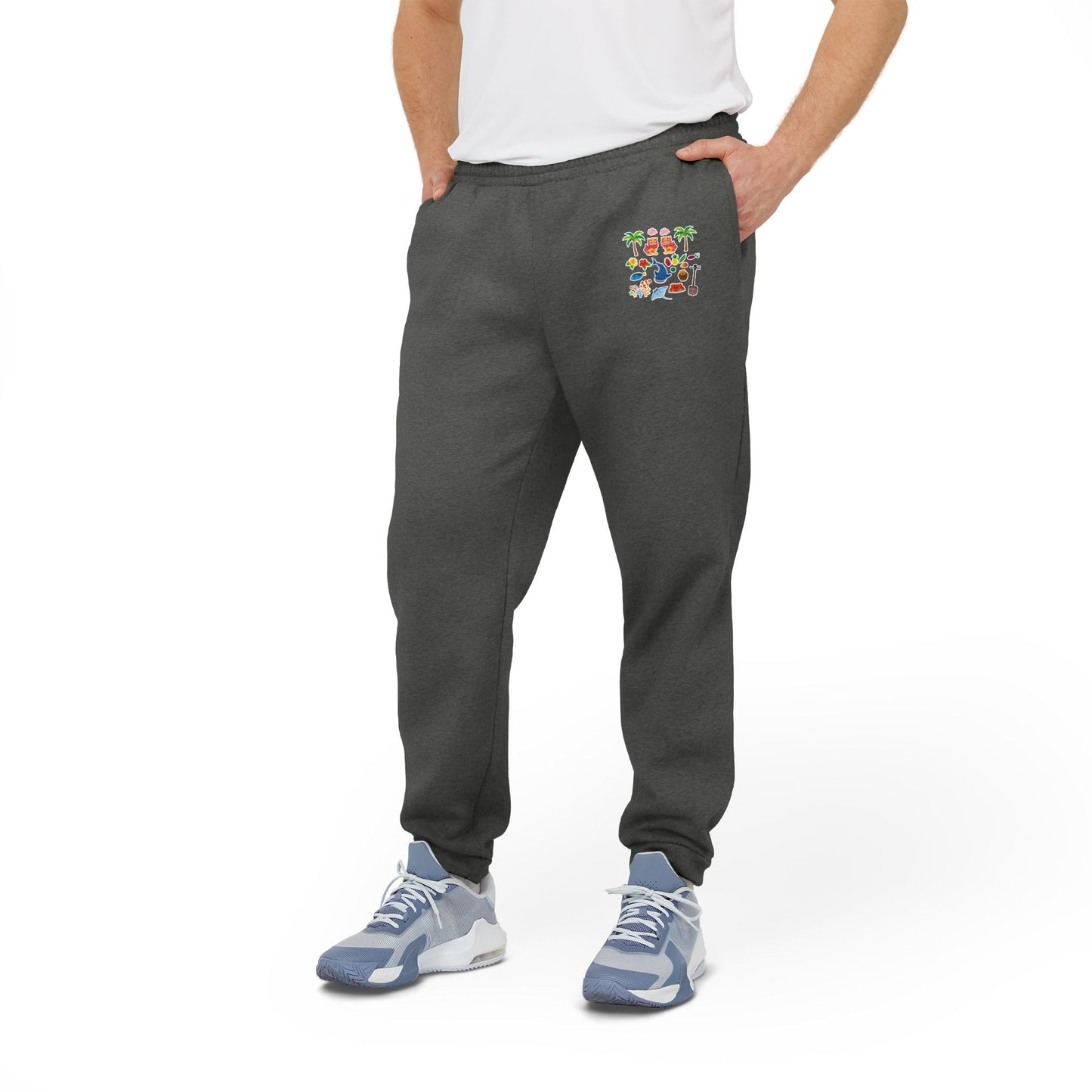 Adidas Joggers — Charcoal Fleece Sweatpants with Colorful Patch Logo
