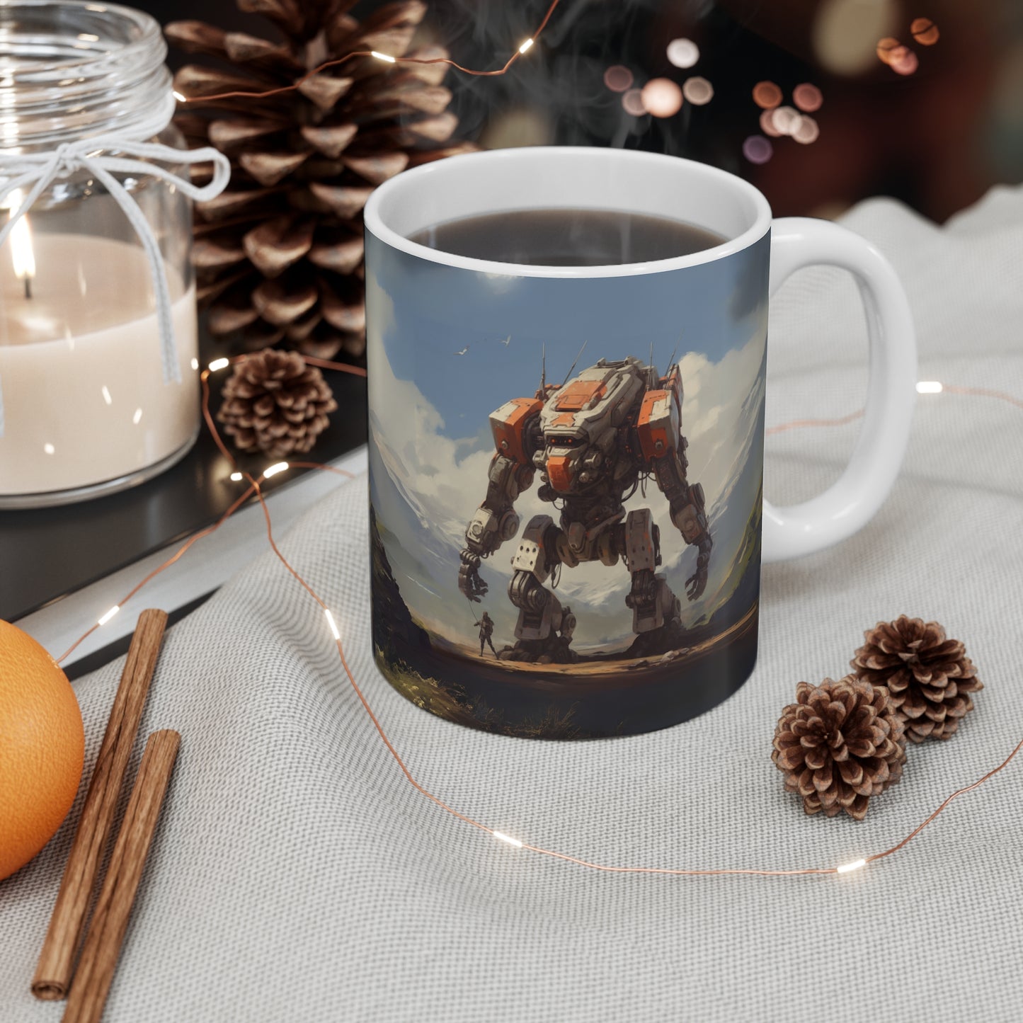 Orange and White Mecha Mug 11oz, Robot Coffee Cup, Sci-Fi Tea Mug, Unique Kitchen Decor, Robot Lover Gift, Modern Coffee Mug