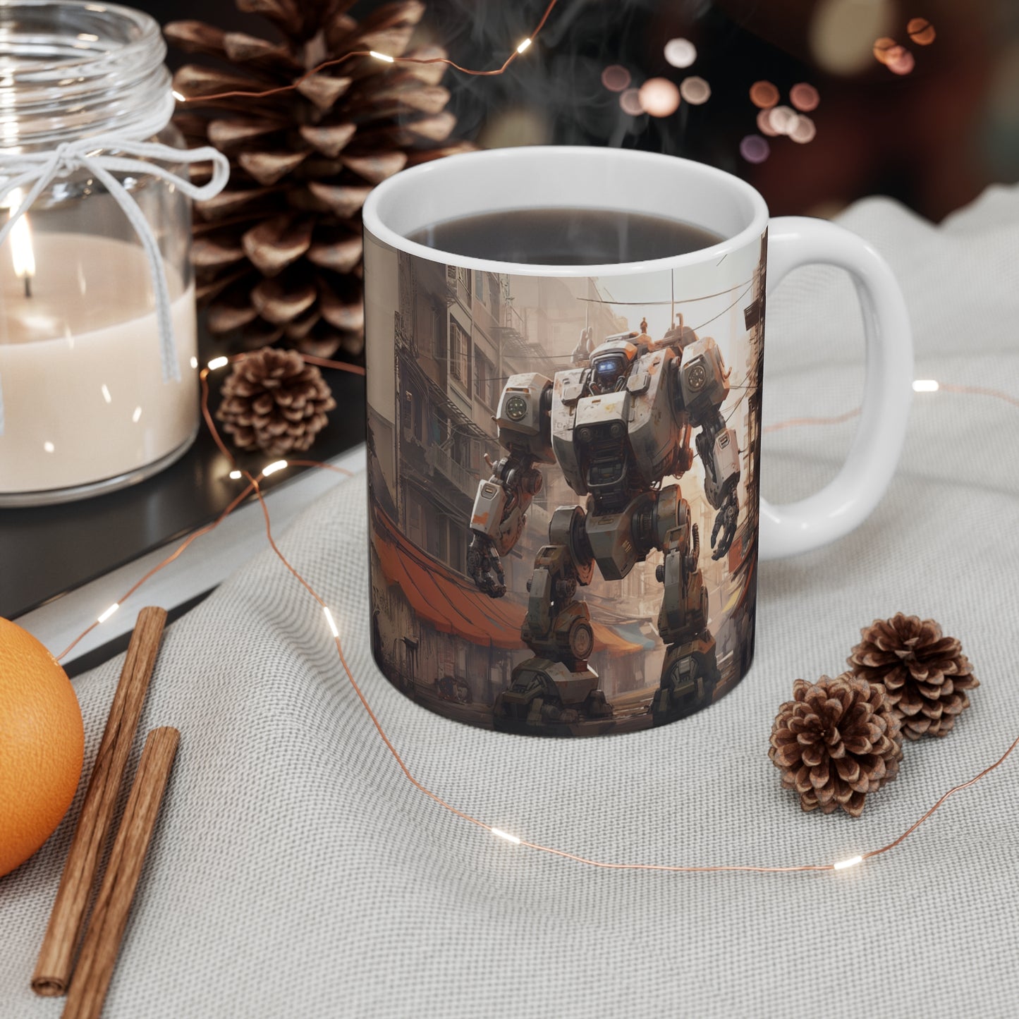White Mecha Mug 11oz, Robot Coffee Cup, Sci-Fi Tea Mug, Mechanical Drinkware, Robot Lover Gift