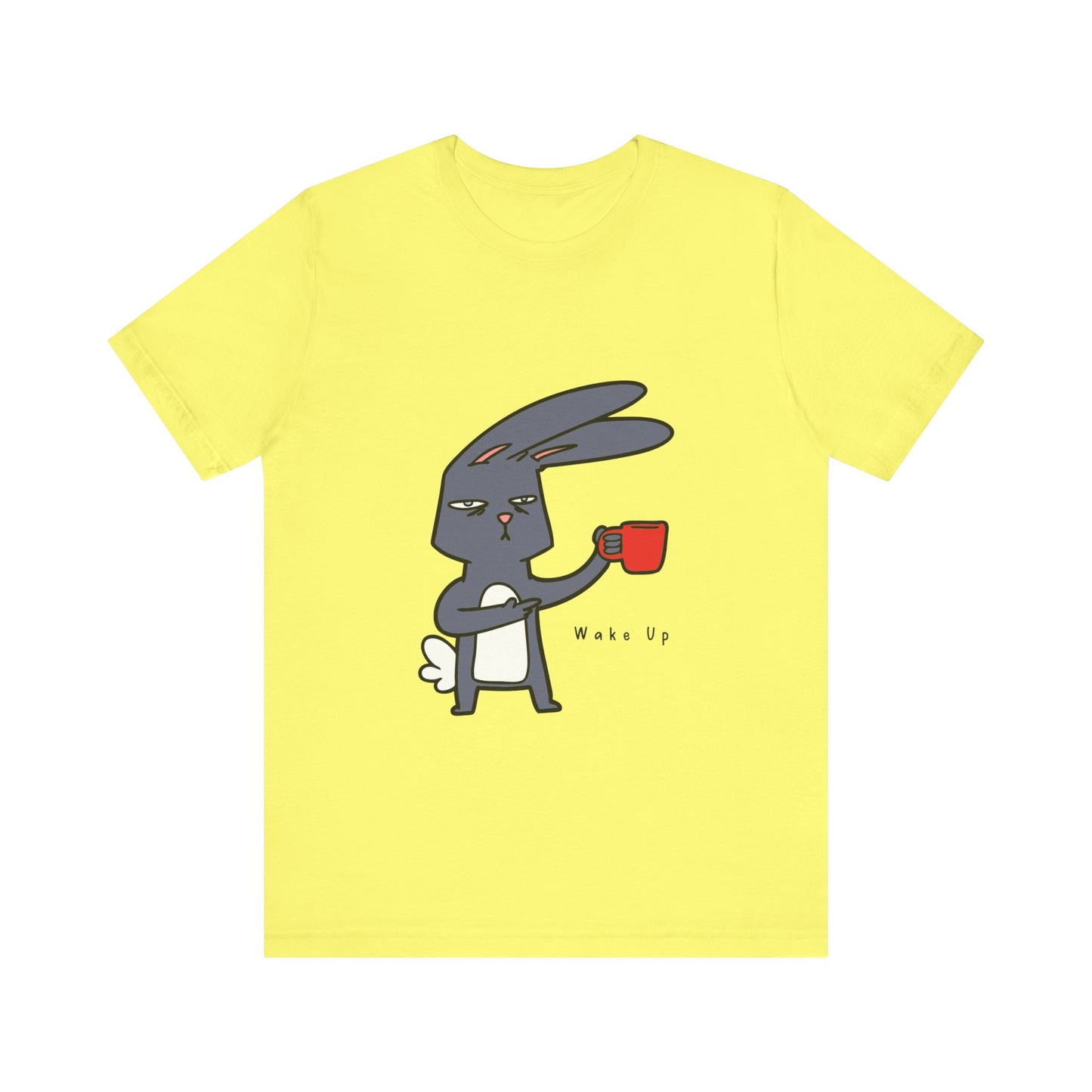 Wake Up Bunny Red Coffee Mug Unisex Tee, Rabbit Lover Gift Shirt, Cute Animal Graphic T-shirt, Funny Bunny Print Apparel, Easter Tee for
