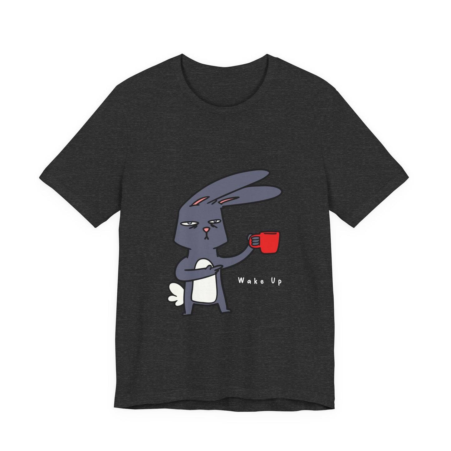Wake Up Bunny Red Coffee Mug Unisex Tee, Rabbit Lover Gift Shirt, Cute Animal Graphic T-shirt, Funny Bunny Print Apparel, Easter Tee for