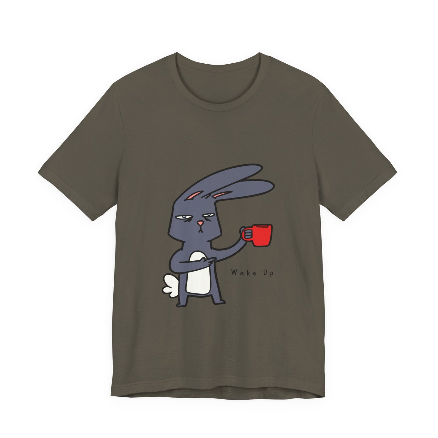 Wake Up Bunny Red Coffee Mug Unisex Tee, Rabbit Lover Gift Shirt, Cute Animal Graphic T-shirt, Funny Bunny Print Apparel, Easter Tee for