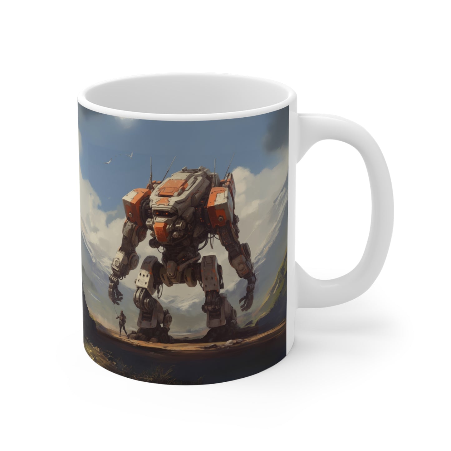 Orange and White Mecha Mug 11oz, Robot Coffee Cup, Sci-Fi Tea Mug, Unique Kitchen Decor, Robot Lover Gift, Modern Coffee Mug