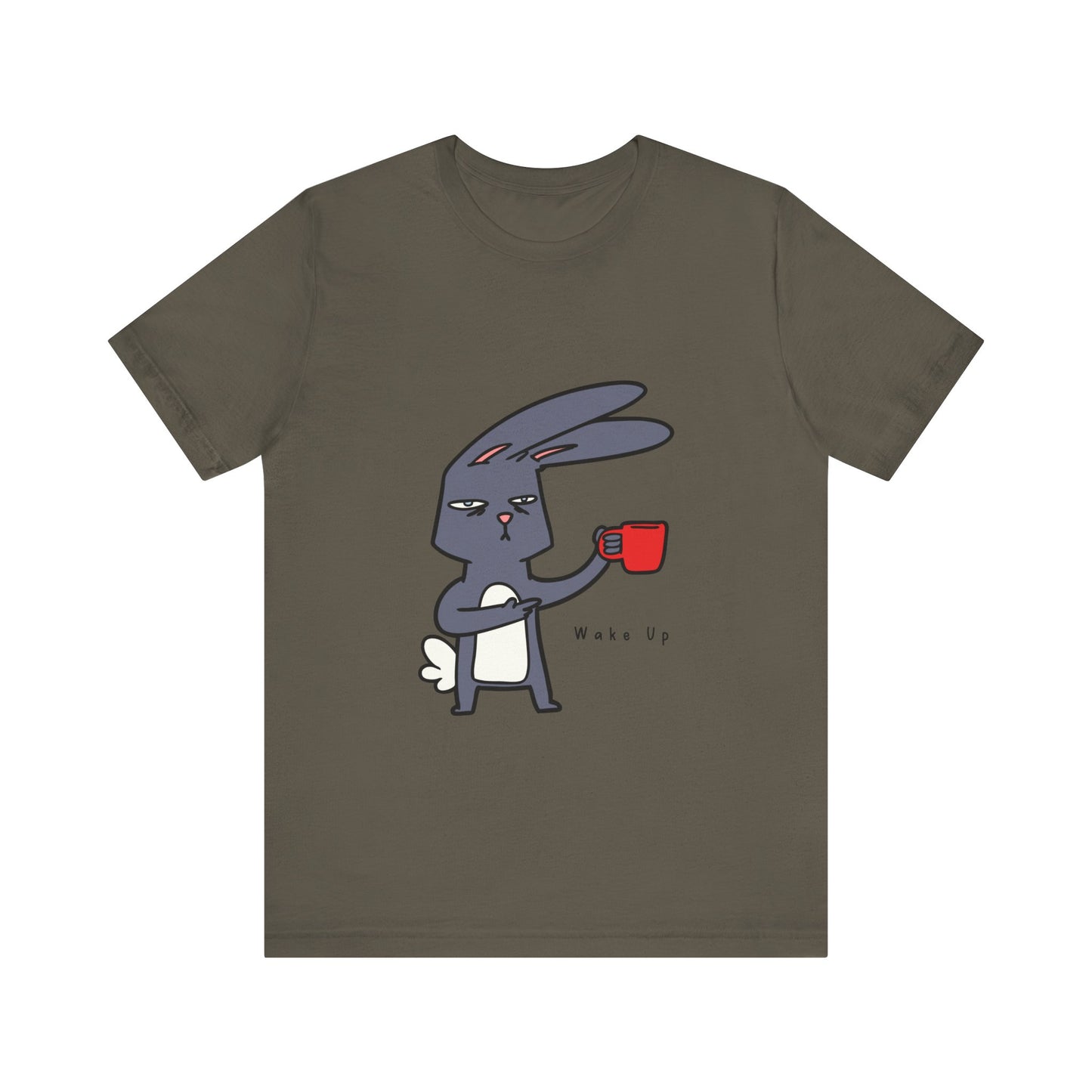 Wake Up Bunny Red Coffee Mug Unisex Tee, Rabbit Lover Gift Shirt, Cute Animal Graphic T-shirt, Funny Bunny Print Apparel, Easter Tee for