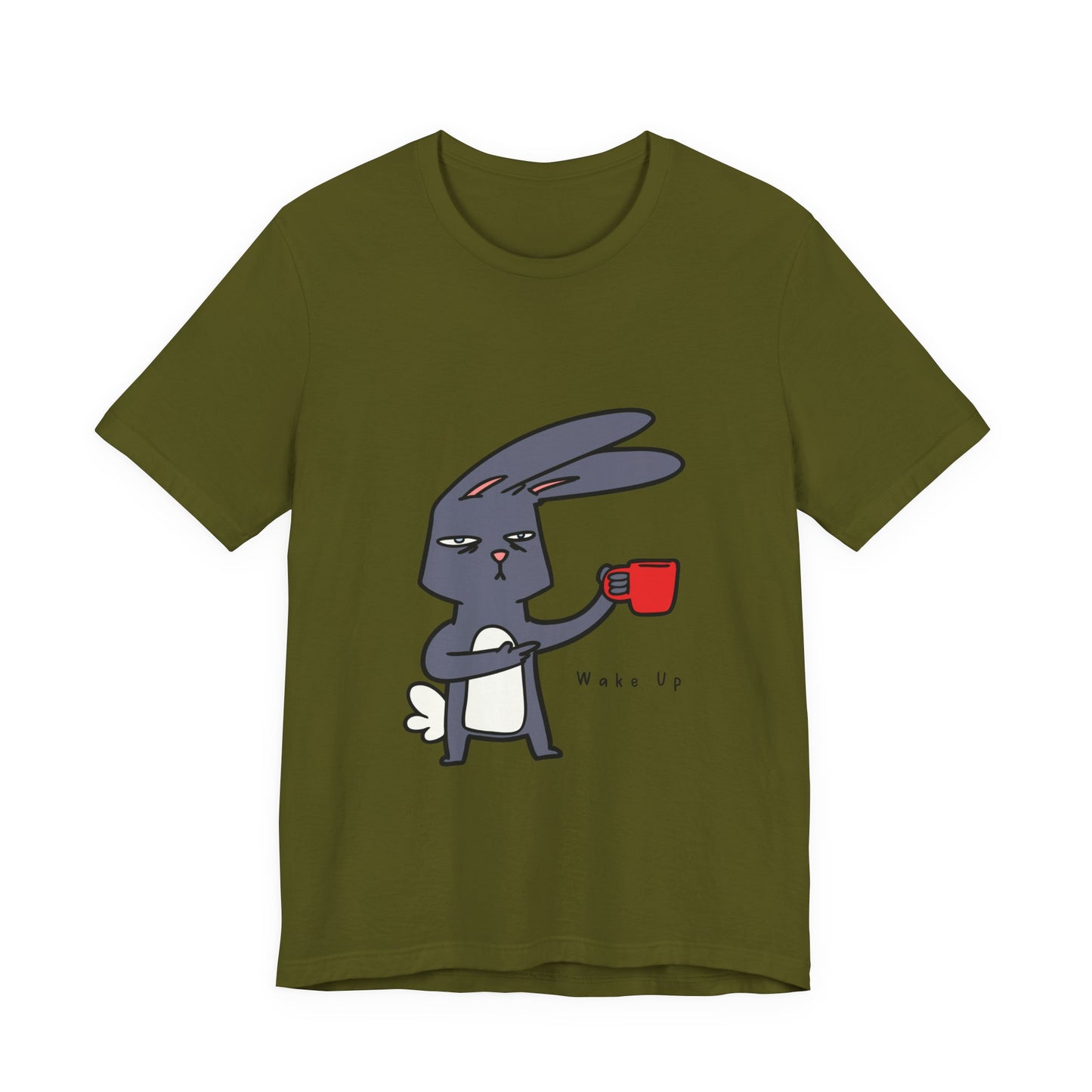 Wake Up Bunny Red Coffee Mug Unisex Tee, Rabbit Lover Gift Shirt, Cute Animal Graphic T-shirt, Funny Bunny Print Apparel, Easter Tee for