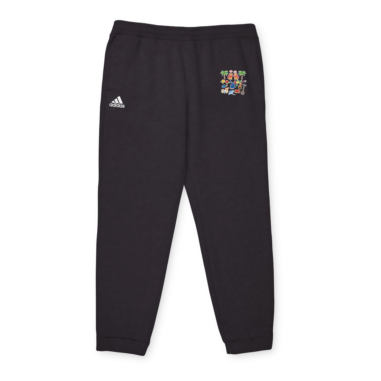 Adidas Joggers — Charcoal Fleece Sweatpants with Colorful Patch Logo