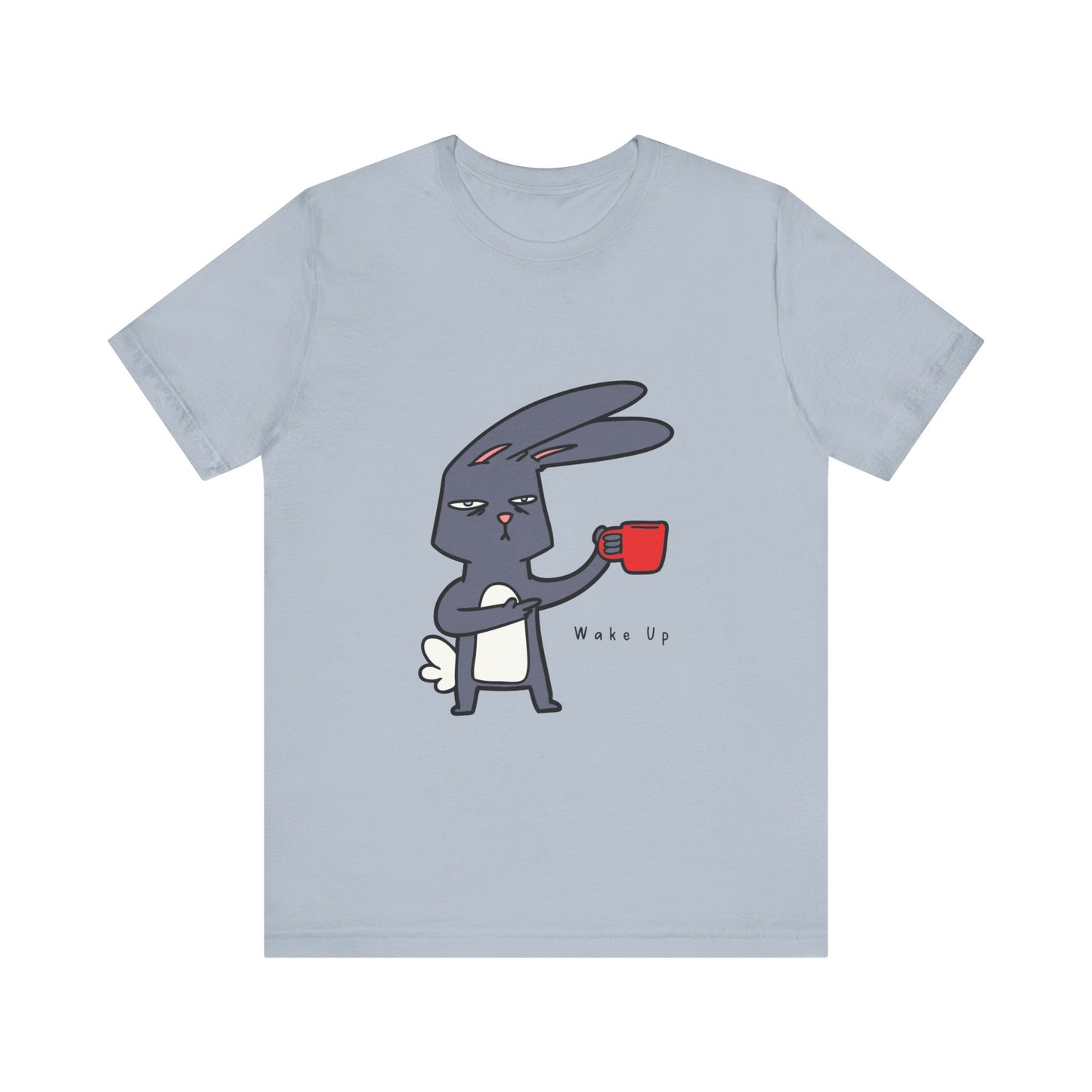Wake Up Bunny Red Coffee Mug Unisex Tee, Rabbit Lover Gift Shirt, Cute Animal Graphic T-shirt, Funny Bunny Print Apparel, Easter Tee for