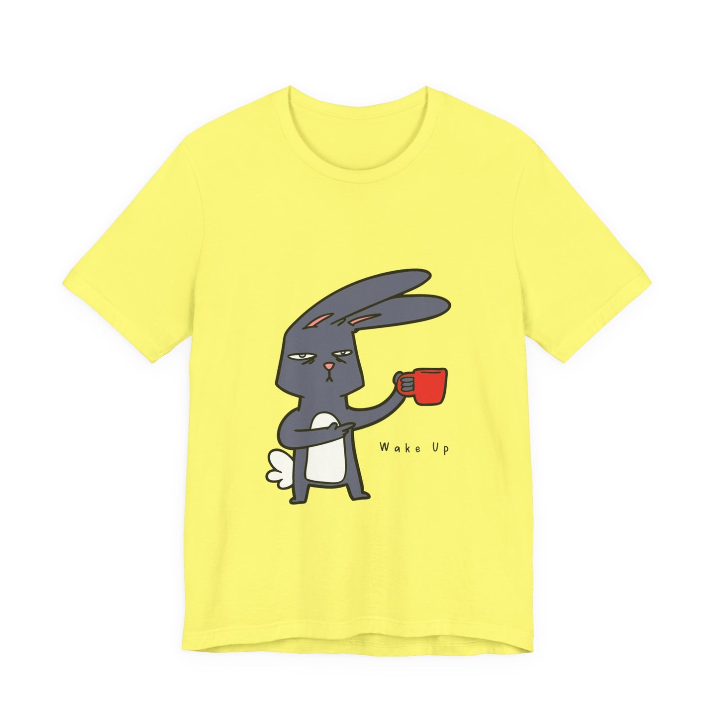 Wake Up Bunny Red Coffee Mug Unisex Tee, Rabbit Lover Gift Shirt, Cute Animal Graphic T-shirt, Funny Bunny Print Apparel, Easter Tee for