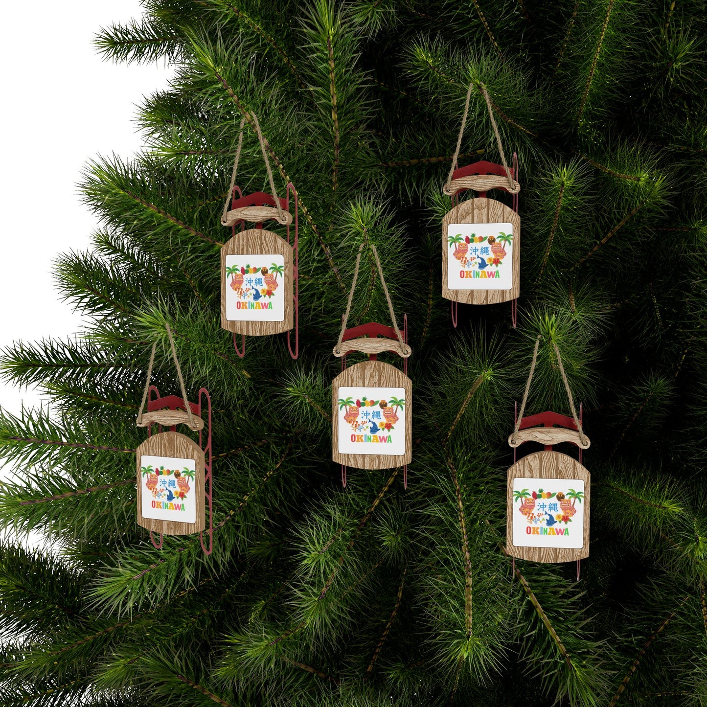 Christmas Sled Ornaments, Holiday Tree Decorations, Winter Sleigh Hanging Ornaments, Okinawa Theme Christmas Ornaments, Festive Decor
