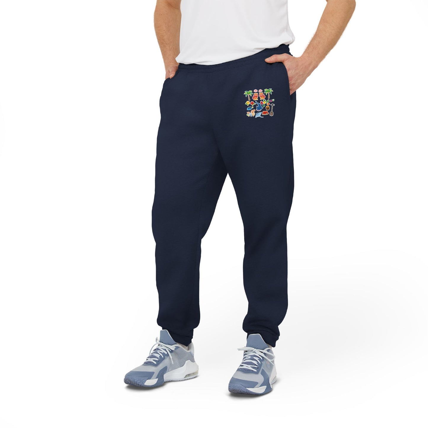 Adidas Joggers — Charcoal Fleece Sweatpants with Colorful Patch Logo