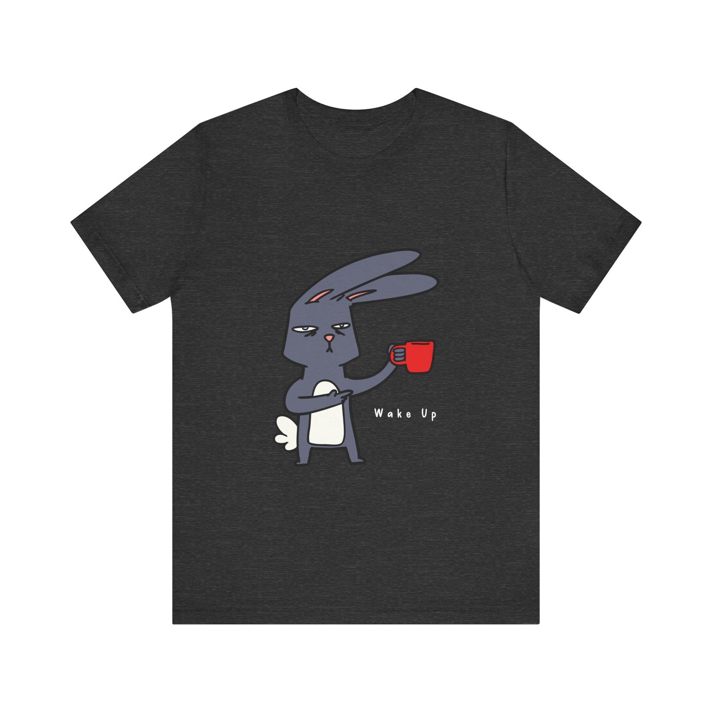 Wake Up Bunny Red Coffee Mug Unisex Tee, Rabbit Lover Gift Shirt, Cute Animal Graphic T-shirt, Funny Bunny Print Apparel, Easter Tee for