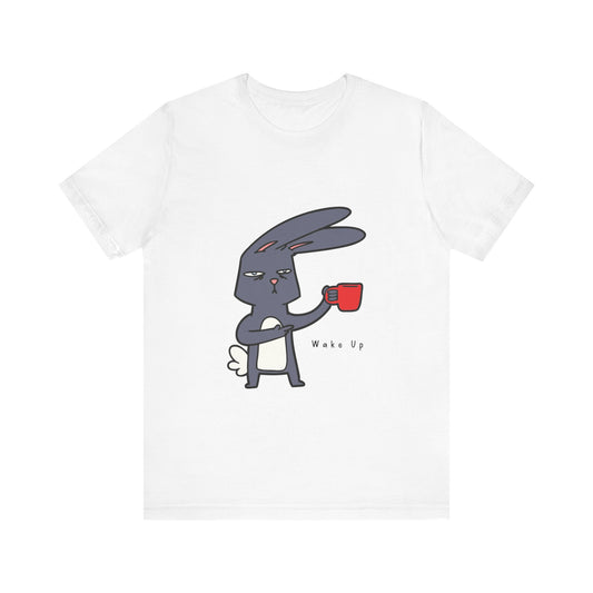 Wake Up Bunny Red Coffee Mug Unisex Tee, Rabbit Lover Gift Shirt, Cute Animal Graphic T-shirt, Funny Bunny Print Apparel, Easter Tee for