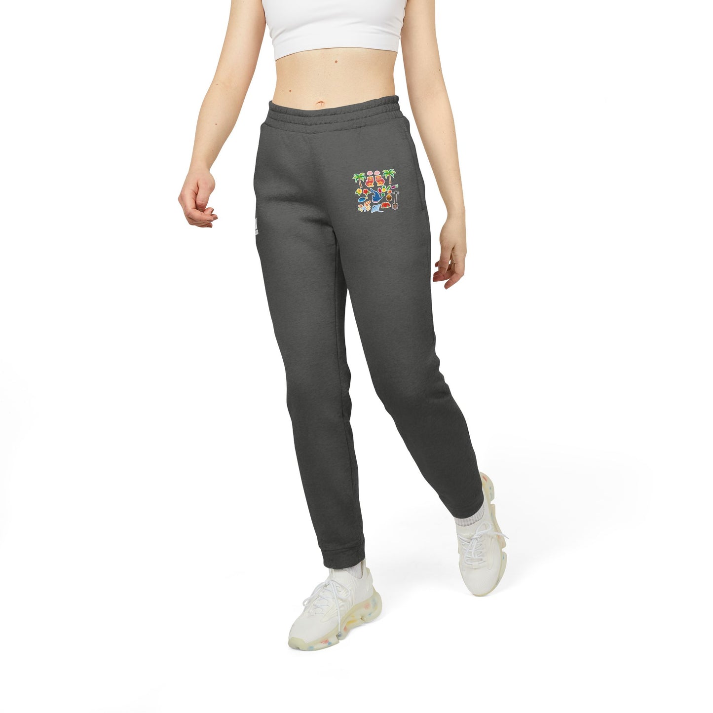 Adidas Joggers — Charcoal Fleece Sweatpants with Colorful Patch Logo