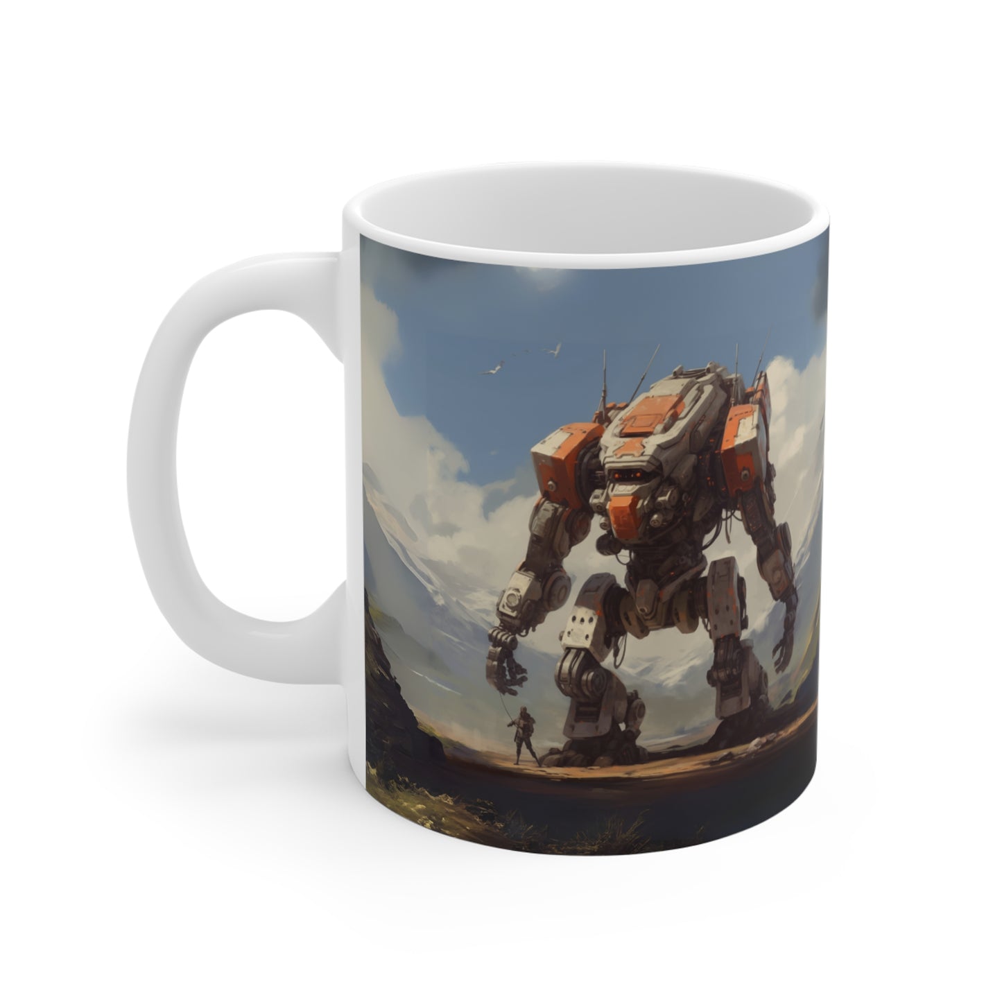 Orange and White Mecha Mug 11oz, Robot Coffee Cup, Sci-Fi Tea Mug, Unique Kitchen Decor, Robot Lover Gift, Modern Coffee Mug